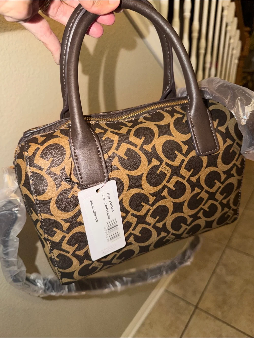 NWT GUESS Brown Logo-Print Satchel with Dark Brown Trim